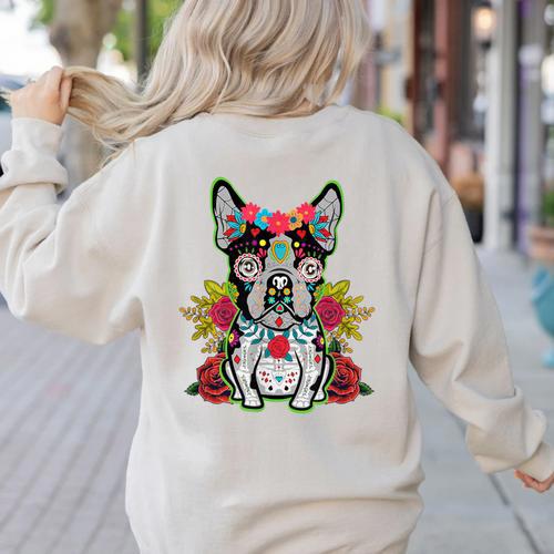 Boston Terrier Dia De Los Muertos Day Of The Dead Dog Skull For Men Women Kids Women's Sweatshirt Back Print - Bostonterriersmerch.com