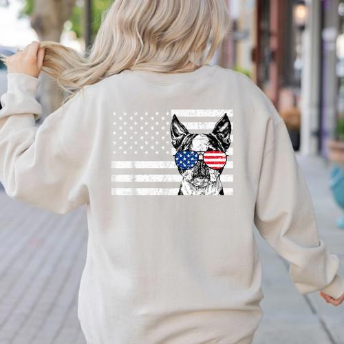 Boston Terrier Dog 4th Of July US American Flag Patriotic Women's Sweatshirt Back Print - Bostonterriersmerch.com