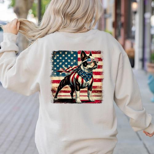 Boston Terrier Dog 4th Of July USA American Flag Patriotic Women's Sweatshirt Back Print - Bostonterriersmerch.com