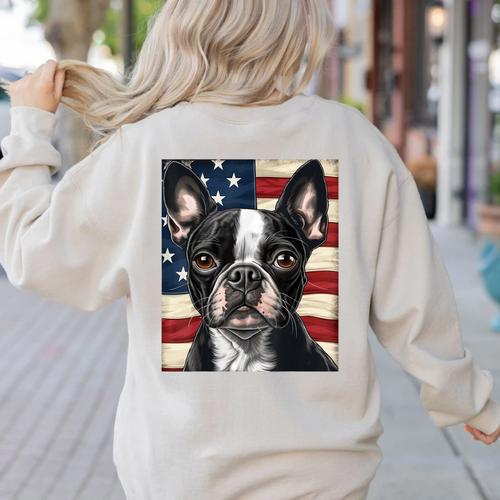 Boston Terrier Dog American Flag 4th Of July Patriotic Puppy Women's Sweatshirt Back Print - Bostonterriersmerch.com
