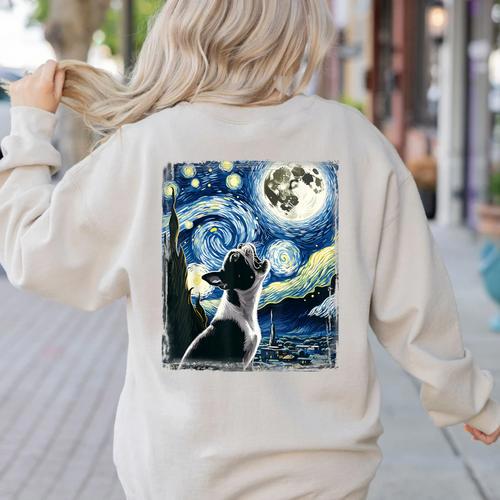 Boston Terrier Dog Art Van Gogh Starry Night Boston Terrier Women's Sweatshirt Back Print - Bostonterriersmerch.com