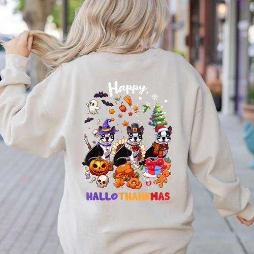 Boston Terrier Dog Christmas Happy Hallothankmas Halloween For Men Women Kids Women's Sweatshirt Back Print - Bostonterriersmerch.com
