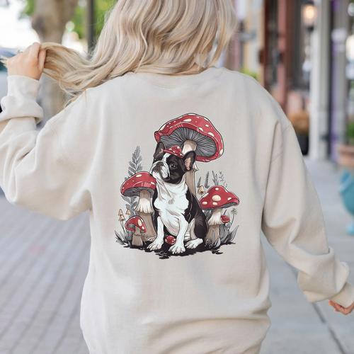 Boston Terrier Dog Cottagecore Aesthetic Mushroom Hat Women's Sweatshirt Back Print - Bostonterriersmerch.com