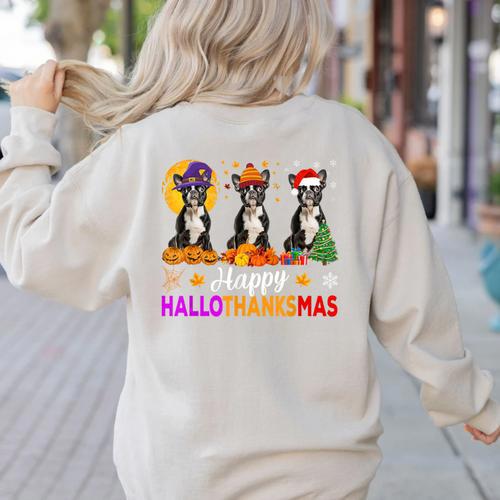 Boston Terrier Dog Halloween Christmas Hallothanksmas Men Women Kids Women's Sweatshirt Back Print - Bostonterriersmerch.com AU
