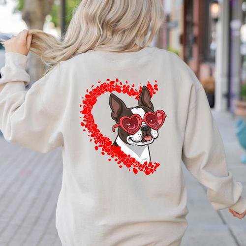 Boston Terrier Dog Mom Dad Valentine’s Day Pet Lover For Men Women Kids Women's Sweatshirt Back Print - Bostonterriersmerch.com