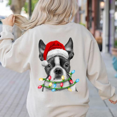 Boston Terrier Dog Santa Christmas Tree Lights Xmas Women's Sweatshirt Back Print - Bostonterriersmerch.com