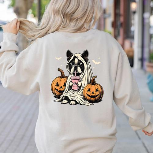 Boston Terrier Ghost Boo Halloween Costume Spooky Season Women's Sweatshirt Back Print - Bostonterriersmerch.com