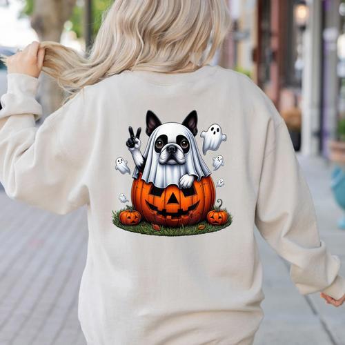 Boston Terrier Ghost Boo Halloween Kids Women's Sweatshirt Back Print - Bostonterriersmerch.com