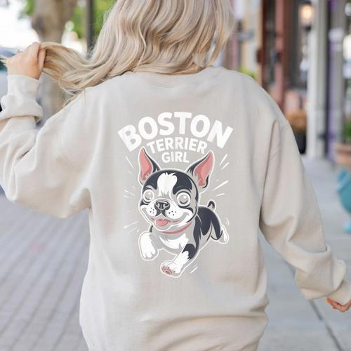 Boston Terrier Girl Cute Cartoon For Dog Owners Pet Terrier Women's Sweatshirt Back Print - Bostonterriersmerch.com