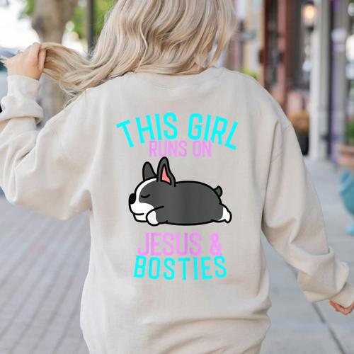 Boston Terrier This Girl Runs On Jesus And Boston Terriers Women's Sweatshirt Back Print - Bostonterriersmerch.com