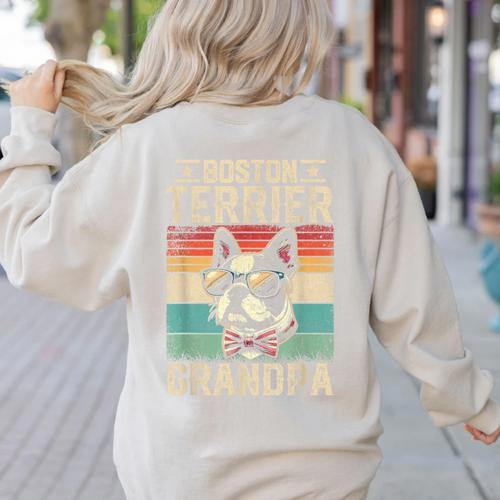 Boston Terrier Grandpa Dog Lover Father's Day Women's Sweatshirt Back Print - Bostonterriersmerch.com