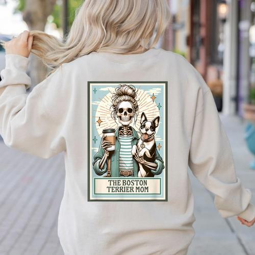 The Boston Terrier Mom Skeleton Spooky Season Halloween Women's Sweatshirt Back Print - Bostonterriersmerch.com