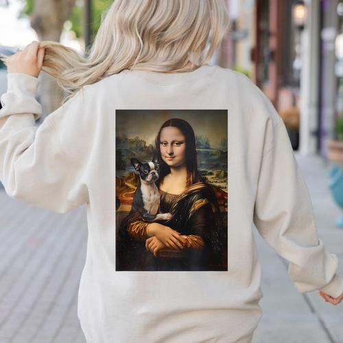 Boston Terrier Mona Lisa Painting Art Dog Mom Dad For Men Women Kids Women's Sweatshirt Back Print - Bostonterriersmerch.com