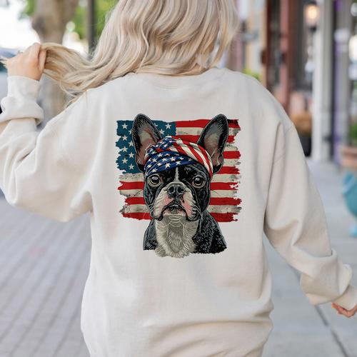 Boston Terrier Patriotic 4th Of July USA American Flag Women's Sweatshirt Back Print - Bostonterriersmerch.com