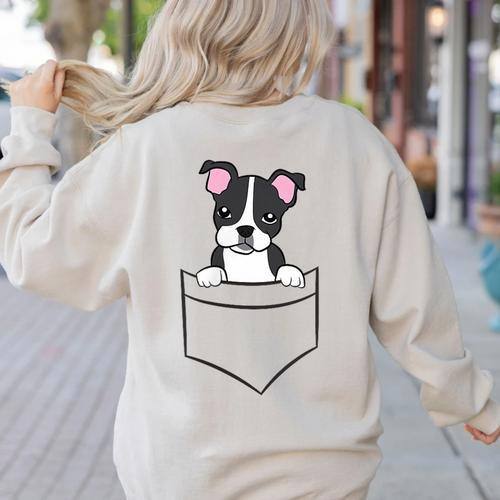 Boston Terrier In The Pocket Cute Pocket Boston Terrier Women's Sweatshirt Back Print - Bostonterriersmerch.com