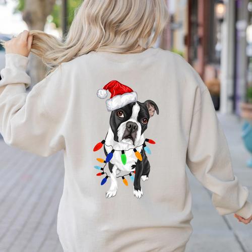 Boston Terrier Santa Christmas Lights Xmas Dog Lover Men Women Kids Women's Sweatshirt Back Print - Bostonterriersmerch.com
