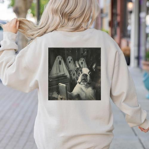 Boston Terrier Selfie With Ghosts Halloween Dog Lover Women's Sweatshirt Back Print - Bostonterriersmerch.com AU