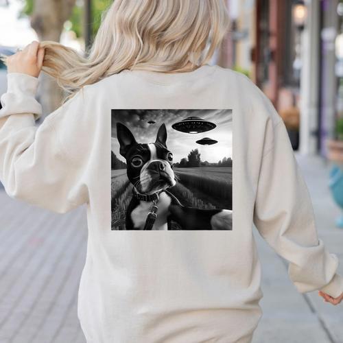 Boston Terrier Graphic Selfie With UFOs Weird Aliens Women's Sweatshirt Back Print - Bostonterriersmerch.com