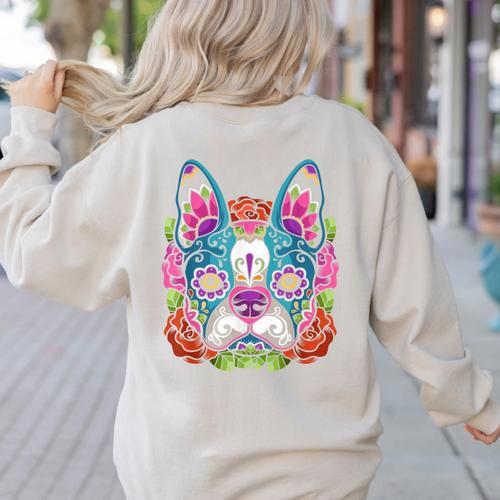 Boston Terrier Sugar Skull Dog Day Of The Dead Women's Sweatshirt Back Print - Bostonterriersmerch.com