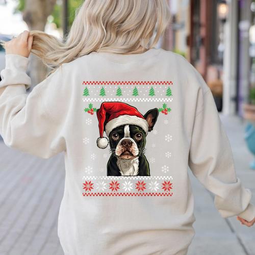 Boston Terrier Ugly Christmas Sweater Xmas For Adults Kids Women's Sweatshirt Back Print - Bostonterriersmerch.com