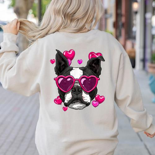 Boston Terrier Valentines Day Shirt Heart Dog Lover Women's Sweatshirt Back Print - Bostonterriersmerch.com CA