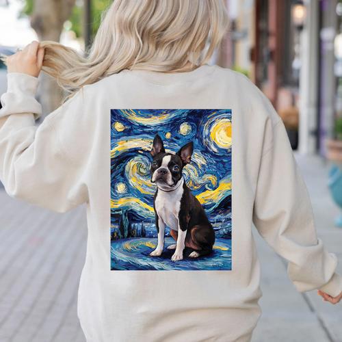 Boston Terrier Van Gogh Starry Night Women's Sweatshirt Back Print - Bostonterriersmerch.com