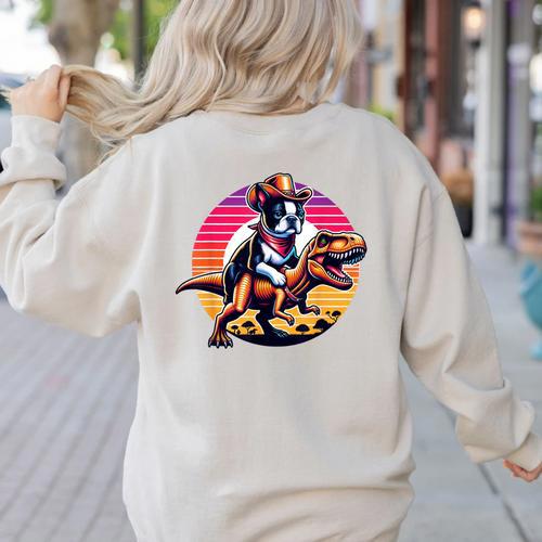 Boston Terrier Wearing A Cowboy Hat On T-Rex Women's Sweatshirt Back Print - Bostonterriersmerch.com