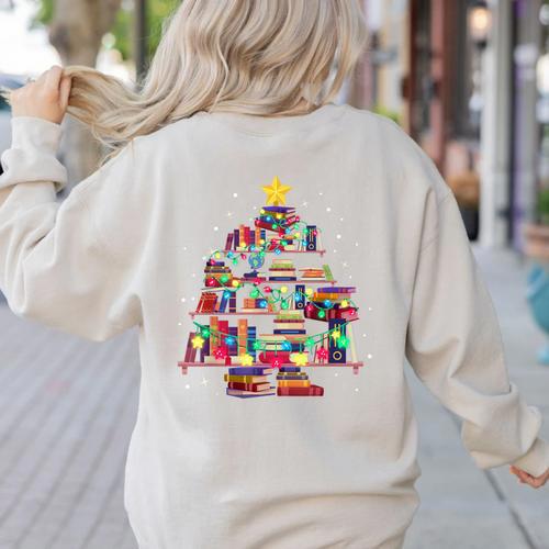 Christmas Library Tree Love Reading Books Nerd Teacher Women's Sweatshirt Back Print - teacherstshirts.com CA