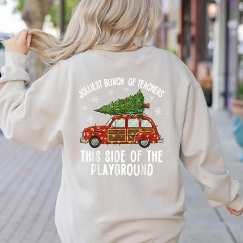 Christmas Teacher Squad Festive Car Tree Lights Xmas Women's Sweatshirt Back Print - teacherstshirts.com AU