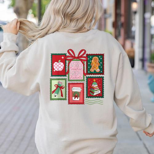 Christmas Teacher Stamps Women's Sweatshirt Back Print - teacherstshirts.com UK