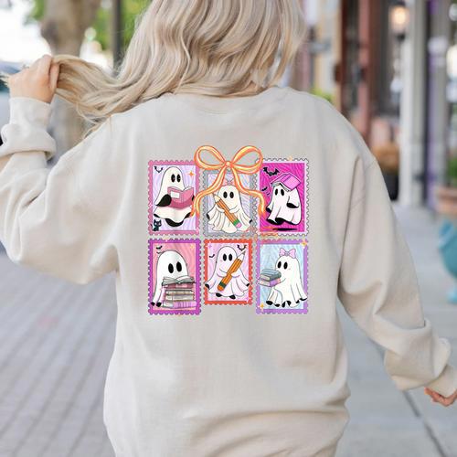 Coquette Bow Spooky Teacher Ghost Halloween Trick Or Teach Women's Sweatshirt Back Print - teacherstshirts.com AU