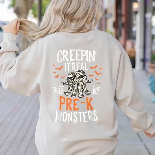 Creepin It Real Pre-K Monsters Halloween Preschool Teacher Women's Sweatshirt Back Print - teacherstshirts.com CA