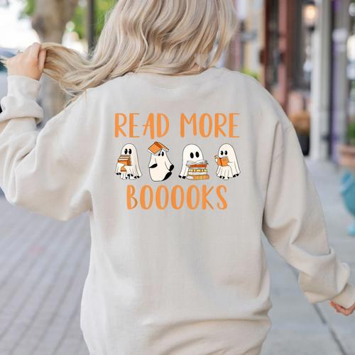 Cute Booooks Ghost Read More Books Teacher Halloween Women's Sweatshirt Back Print - teacherstshirts.com CA