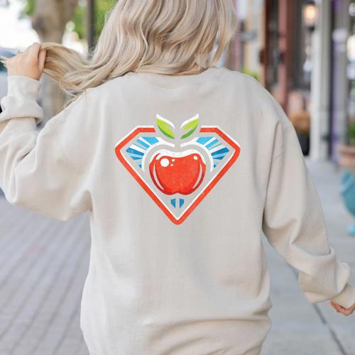 Cute Distressed Super Teacher Superhero Apple Women's Sweatshirt Back Print - teacherstshirts.com