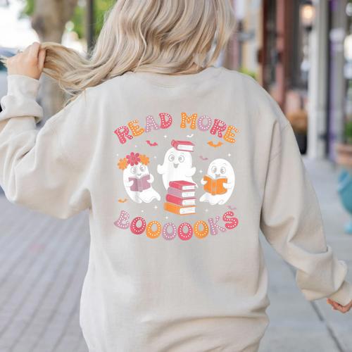 Cute Ghost Book Read More Books Teachers Halloween Women's Sweatshirt Back Print - teacherstshirts.com AU