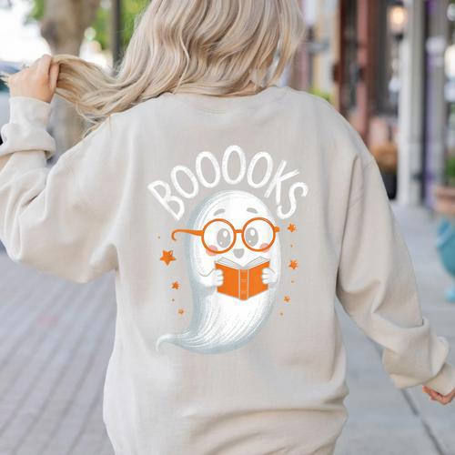 Cute Ghost Book Reading Halloween Teacher Women's Sweatshirt Back Print - teacherstshirts.com