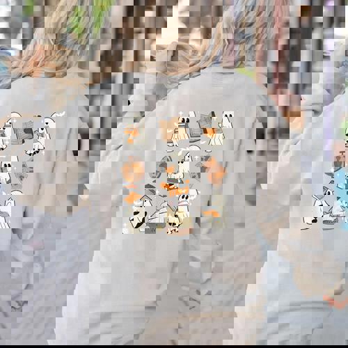 Cute Ghosts Reading Book Bookworm Halloween History Teacher Women&#x27;s Sweatshirt Back Print - teacherstshirts.com