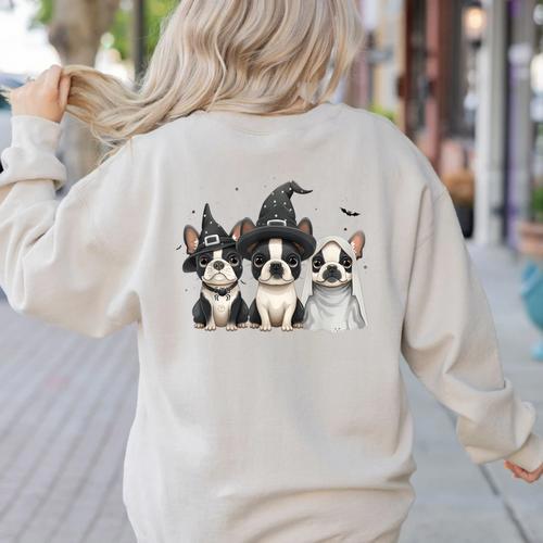 Cute Halloween Boston Terrier Dogs Witch Hat Ghost Dog For Men Women Kids Women's Sweatshirt Back Print - Bostonterriersmerch.com