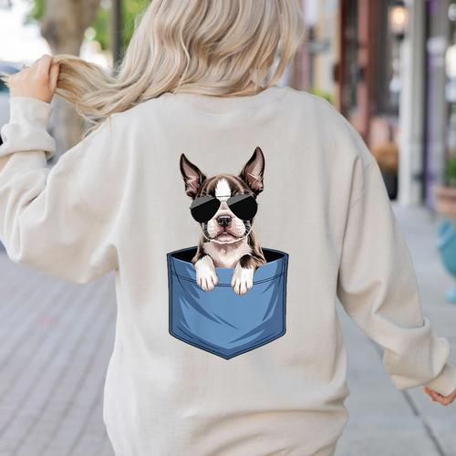 Cute Pocket Boston Terrier Lover Dog Mom Women's Sweatshirt Back Print - Bostonterriersmerch.com