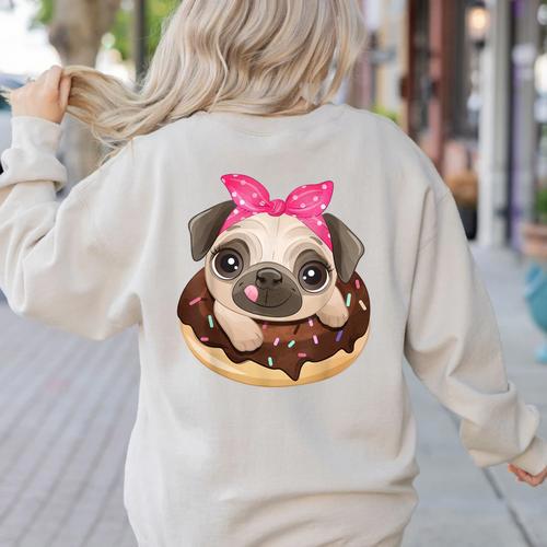 Cute Pug Shirt Donut Girls Dog Women's Sweatshirt Back Print - Bostonterriersmerch.com