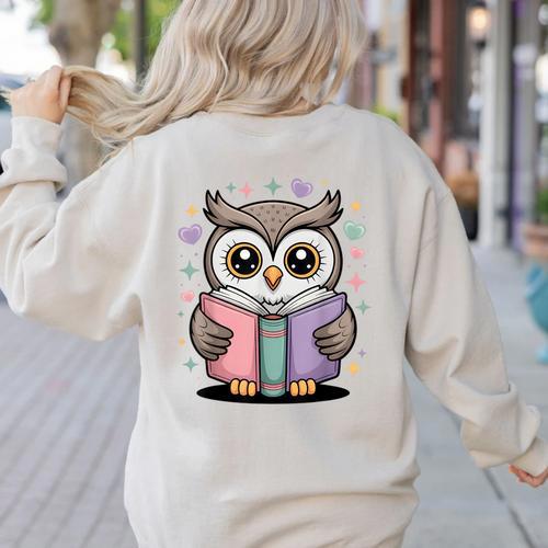 Cute Reading Owl Book Lover Teacher Librarian Bookworm Women's Sweatshirt Back Print - teacherstshirts.com