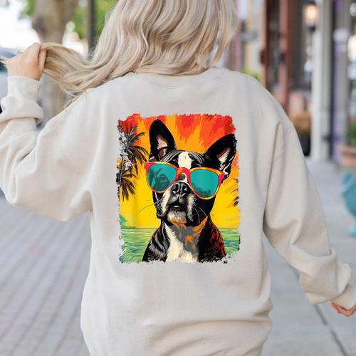 Dog Boston Terrier Hawaiian Women's Sweatshirt Back Print - Bostonterriersmerch.com CA
