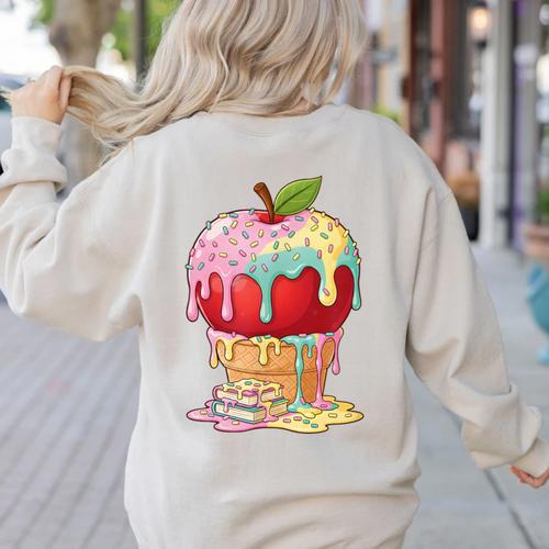 Dripping Apple Ice Cream Cone Cute Teacher Appreciation Women's Sweatshirt Back Print - teacherstshirts.com
