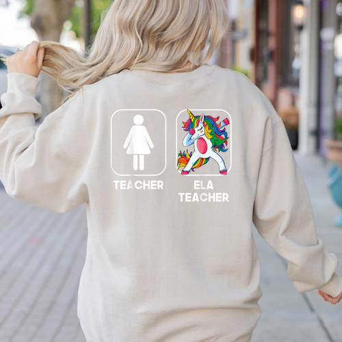 ELA Teacher Dabbing Unicorn Teacher Women Women's Sweatshirt Back Print - teacherstshirts.com