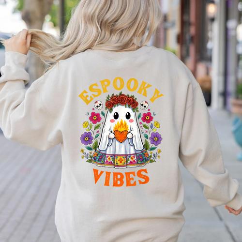 Espooky Vibes Spanish Mexican Halloween Ghost Teachers Women's Sweatshirt Back Print - teacherstshirts.com DE
