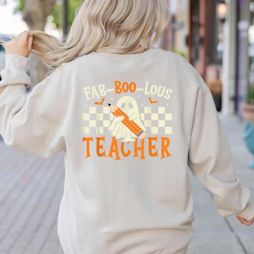 Fab Boo Lous Teacher Retro Ghost Spooky Halloween Costume Women's Sweatshirt Back Print - teacherstshirts.com CA
