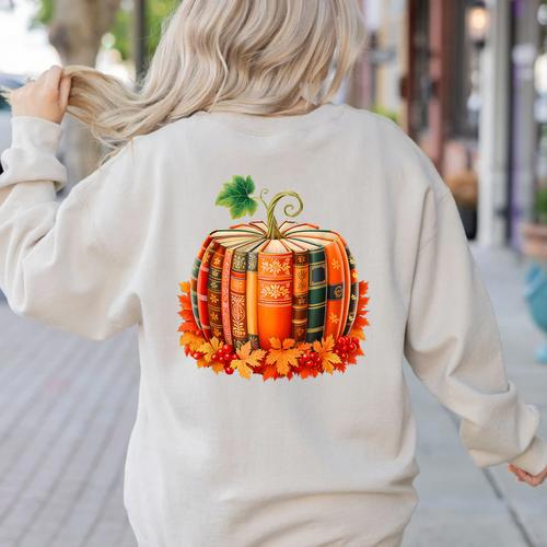 Fall Book Autumn Reading Teacher Halloween Pumpkin Season Women's Sweatshirt Back Print - teacherstshirts.com CA