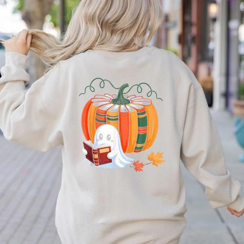 Fall Book Pumpkin Ghost Reading Books Halloween Teacher Women's Sweatshirt Back Print - teacherstshirts.com DE