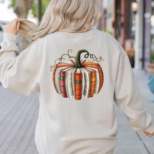 Fall Book Pumpkin Retro Reading Halloween Teacher Librarian Women's Sweatshirt Back Print - teacherstshirts.com