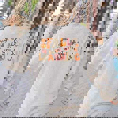 Fall In Love With Learning Autum Thanksgiving Teacher Kids Women&#x27;s Sweatshirt Back Print - teacherstshirts.com